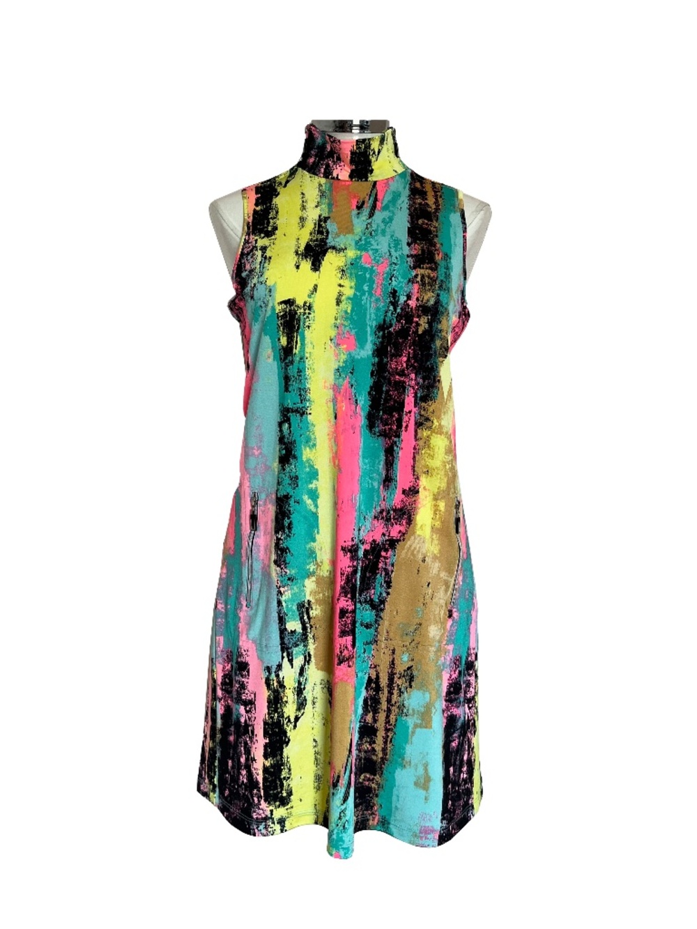 Sleeveless Mock Neck Dress – Multicolor Abstract Print